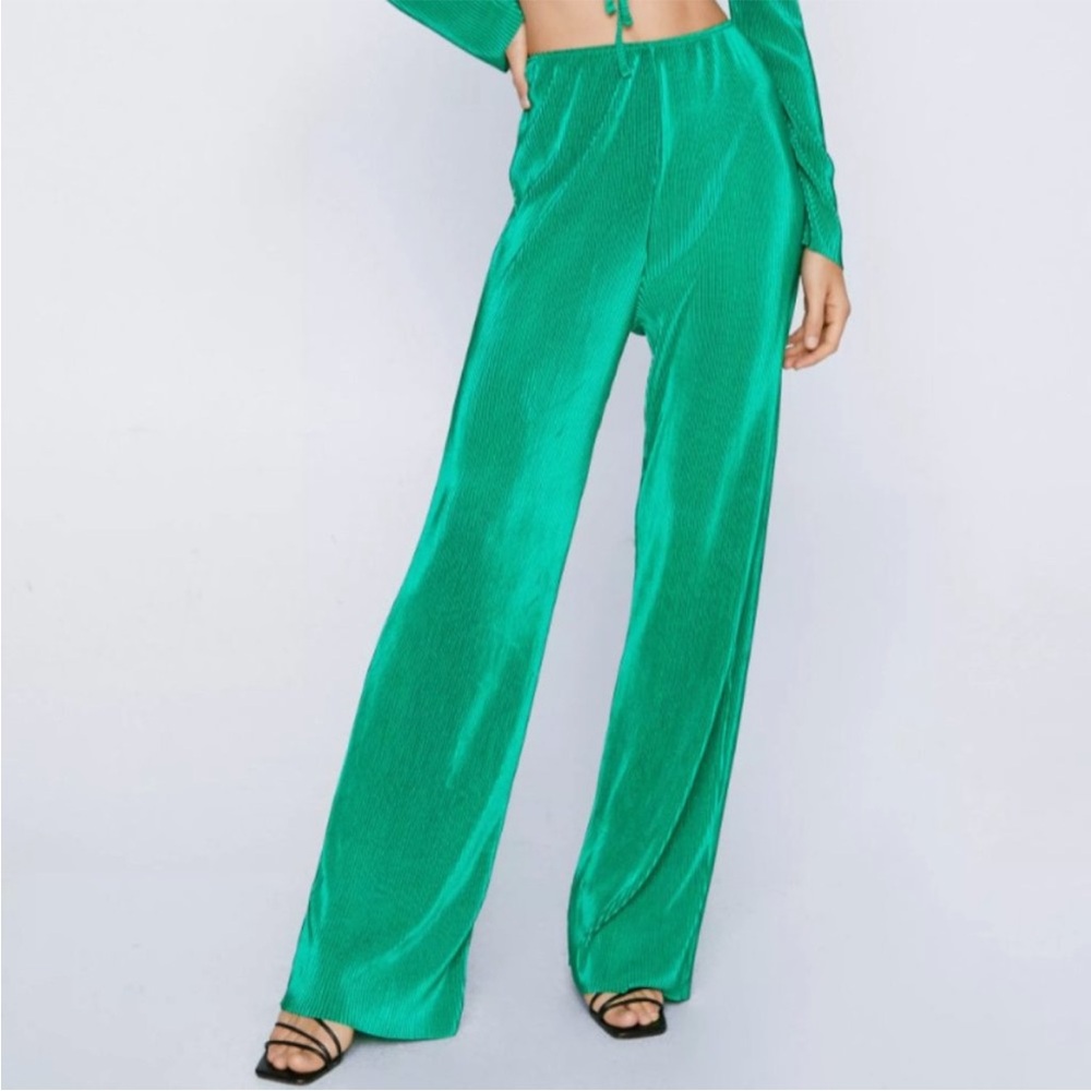 Nasty Gal | Green Shiny Plisse Wide Leg Pants